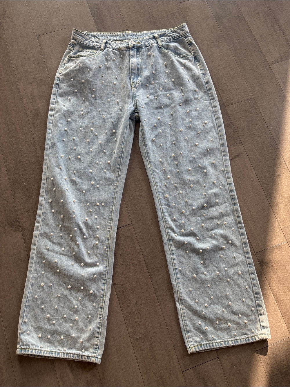 Vintage Y2K Style Studded Pearl Beaded Wide Leg Jeans Pants | No Brand